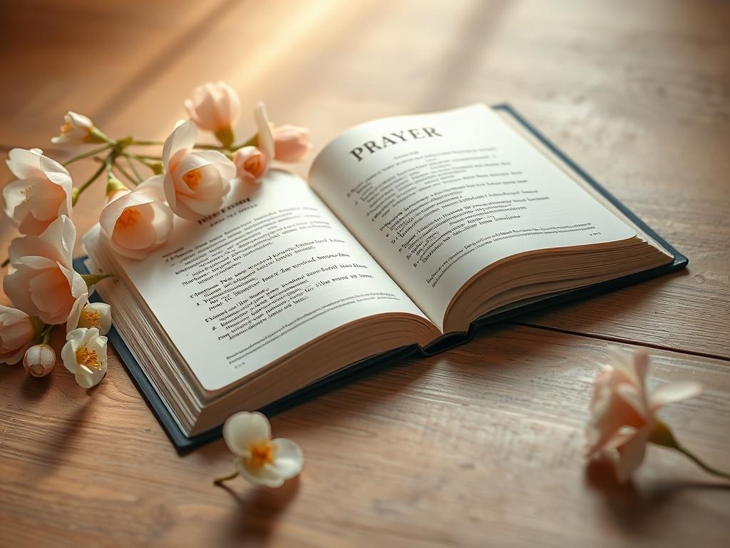 An open prayer book resting on a wooden table, surrounded by soft lighting and gentle, pastel-colored flowers. The pages of the book are filled with beautifully written prayers. The setting is tranquil and inviting, creating a sacred atmosphere conducive to reflection.