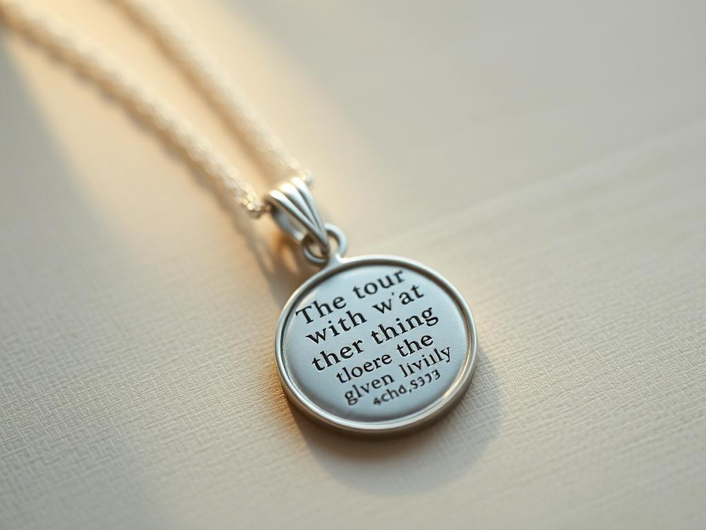 A close-up shot of a delicate silver necklace with a pendant engraved with scripture. The necklace is displayed on a soft, neutral background with gentle lighting. The focus is on the intricate design of the pendant, showcasing the craftsmanship. The atmosphere is peaceful and serene.