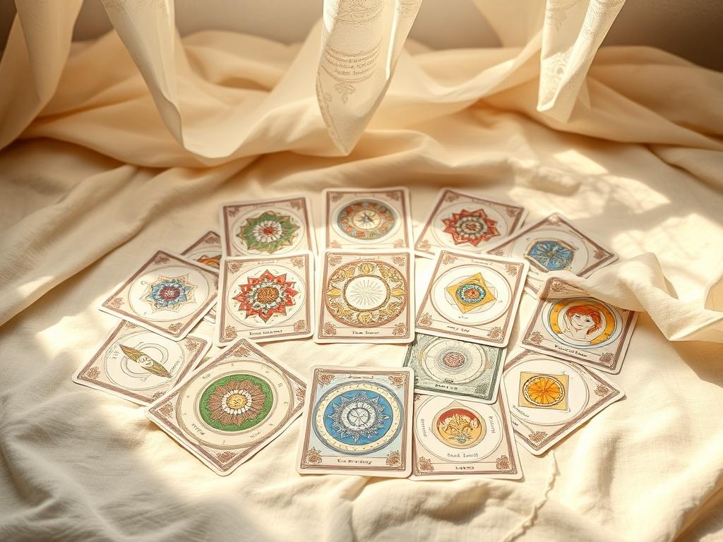 A beautifully illustrated oracle deck spread out on a soft, parchment-style surface. The cards feature intricate designs and vibrant colors, with a serene background of gentle light. The atmosphere is mystical and inviting, perfect for spiritual exploration.