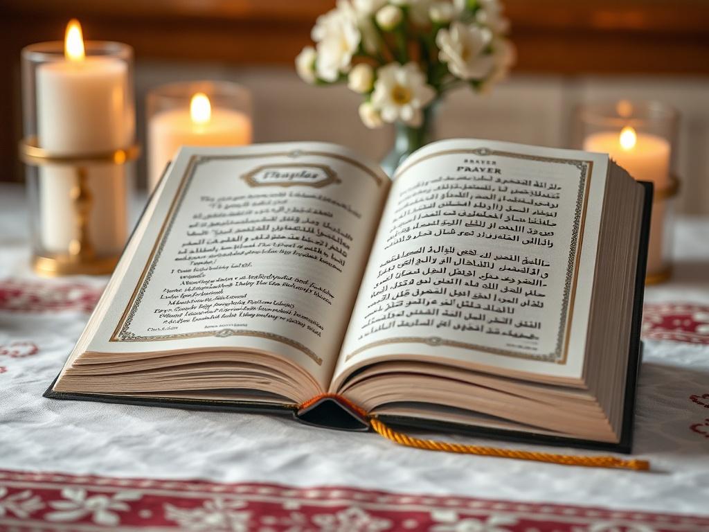 An elegant prayer book with a golden-threaded spine, resting open on a prayer altar. The pages should feature delicate illustrations and soft, warm lighting that creates a tranquil atmosphere. The background should include candles and a small vase of flowers, enhancing the sacred and peaceful setting.