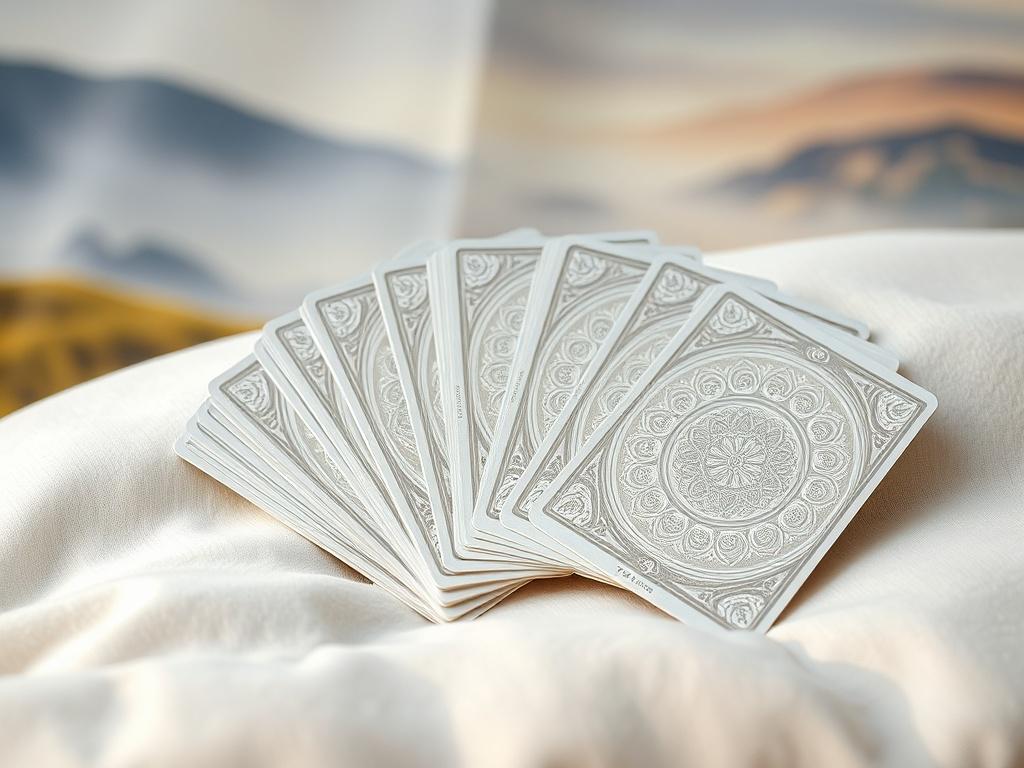 A beautifully arranged oracle deck featuring celestial silver cards with intricate illustrations of spiritual themes. The cards should be fanned out on a soft, neutral surface that exudes a peaceful atmosphere. Gentle lighting should highlight the shimmering silver details, and the background should be a soft, blurred representation of a serene landscape, evoking a sense of calm and spirituality.