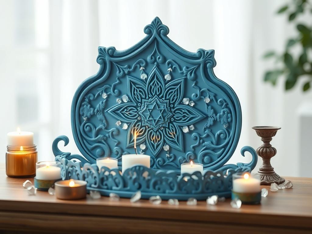 A beautifully crafted home altar piece in heaven blue, placed on a wooden altar. The decor should feature delicate designs and patterns, surrounded by soft candlelight and small crystals to create a serene ambiance. The background should be softly blurred to emphasize the altar decor, evoking a sense of peace and spirituality.