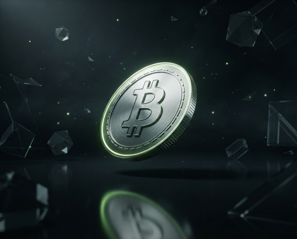 Polished metallic Bitcoin coin illuminated by a subtle green glow