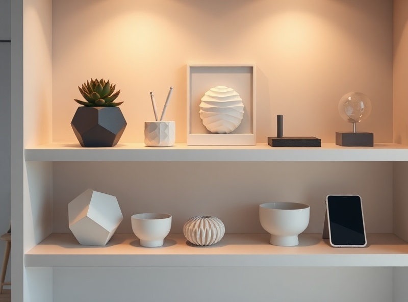 Collection of 3D printed products on minimalist shelf