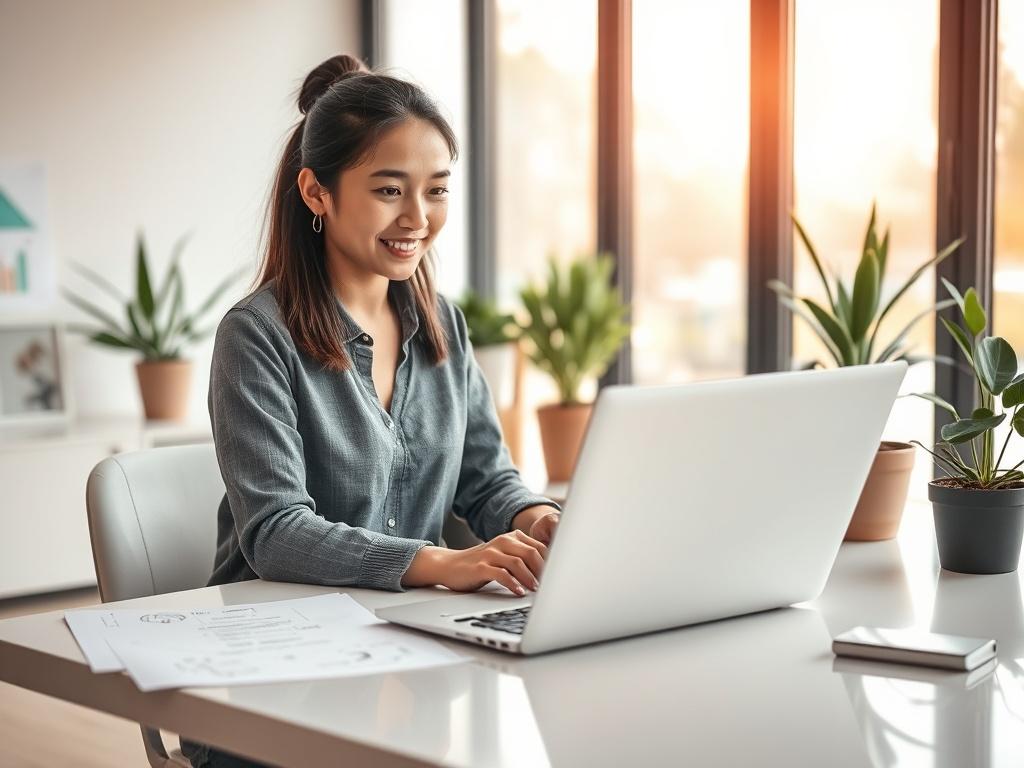 Create a realistic high-resolution photo that visually represents the concept of "Designing User-Centric Websites." The image should feature a single subject: a confident web designer working at a sleek, modern desk. The designer, a young woman with an enthusiastic expression, should be intently focusing on her laptop screen, surrounded by sketches and wireframes illustrating user interface designs.

The background should depict a bright, airy workspace with soft tones and gentle lighting, emphasizing a pea