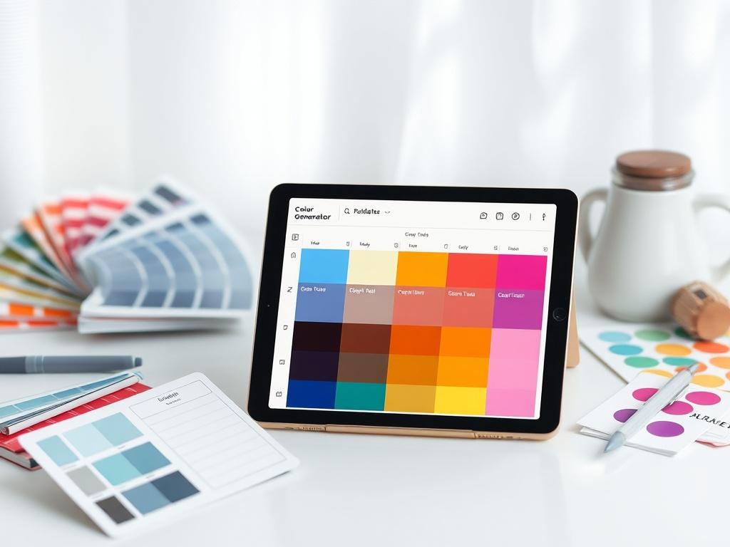 A realistic high-resolution image of a color palette generator tool displayed on a tablet, surrounded by color swatches and design notes. The background should be softly lit, creating a calm workspace atmosphere.