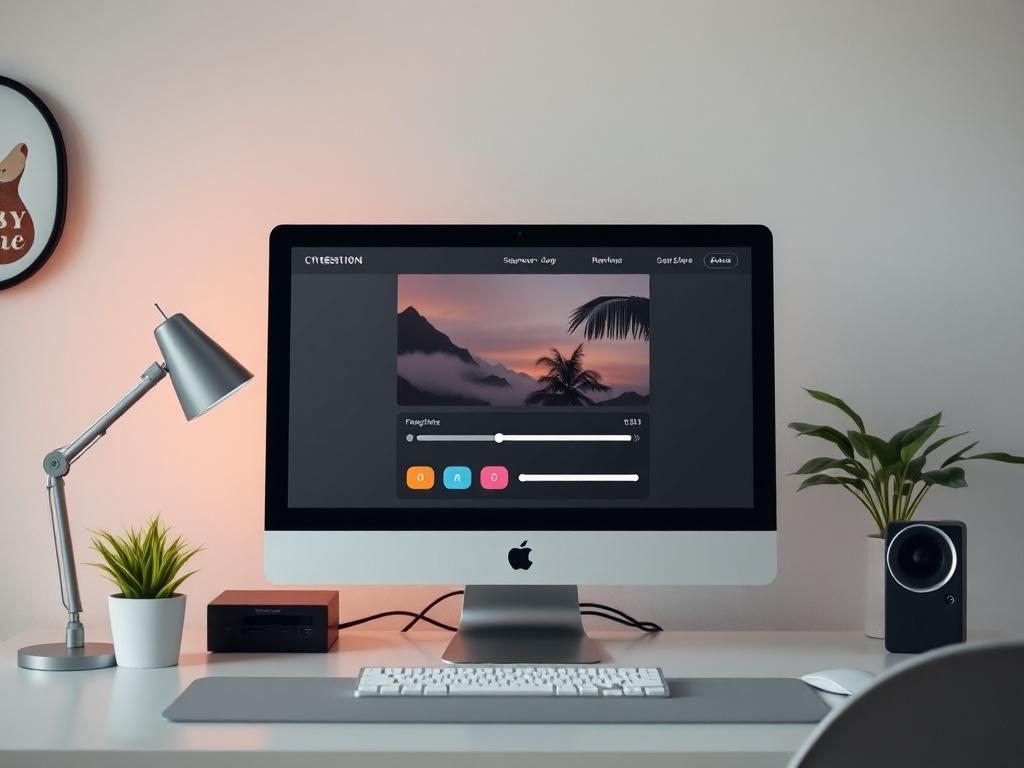 A realistic high-resolution image showcasing a computer screen displaying interactive website design elements, including buttons and sliders. The setting should have a modern desk environment with gentle lighting and soft colors.