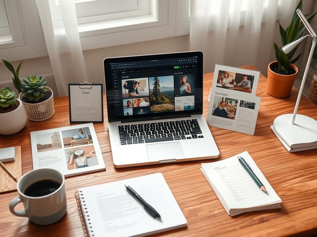 A realistic high-resolution image of a modern digital toolkit displayed on a wooden desk, featuring a laptop, design templates, and a notebook. The environment should be well-lit with soft tones, creating a peaceful atmosphere.