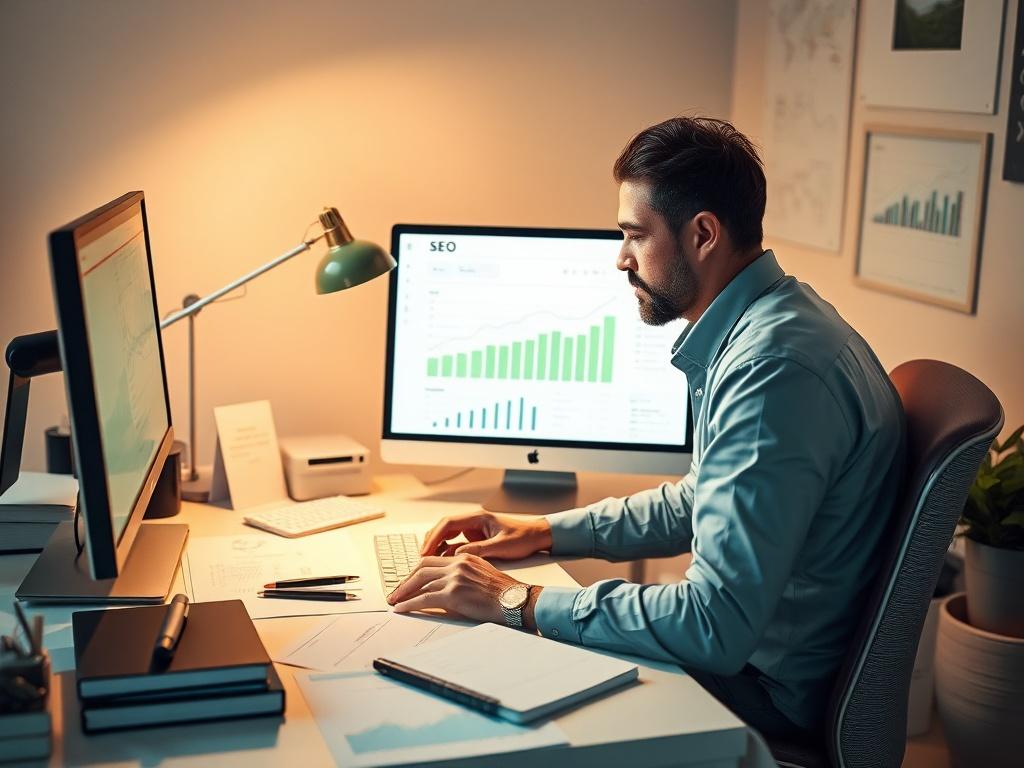 A focused individual working at a desk, analyzing website analytics on a computer screen. The workspace is organized, with SEO-related materials like keyword lists and analytics reports scattered around. The lighting is soft and warm, creating an inviting atmosphere. The computer screen displays graphs and metrics indicating SEO performance, with a gentle green color scheme to reflect growth and success.