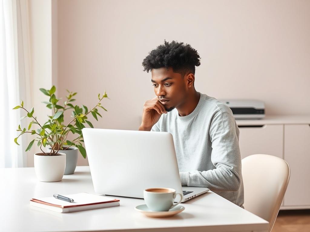 **Prompt for AI Image Generation:**

Create a realistic high-resolution photo that encapsulates the theme "Understanding Website Recreation." The composition should feature a single subject: a thoughtful web designer, seated at a modern desk with a laptop open in front of them. The designer, a young adult of diverse descent, is deeply focused on the screen, showcasing a vibrant webpage design in process. 

The background should depict an inviting and serene workspace, featuring soft pastel colors and gentle