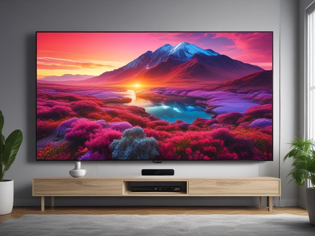 A hyper-realistic close-up shot of a 55 inch UHD 4k display UA55AU 8100, showcasing vibrant colors and sleek design, shot with a 45mm f/1.2 lens. The background should be simple and blurred to emphasize the display, with RGB(50, 170, 39) color tones subtly integrated.