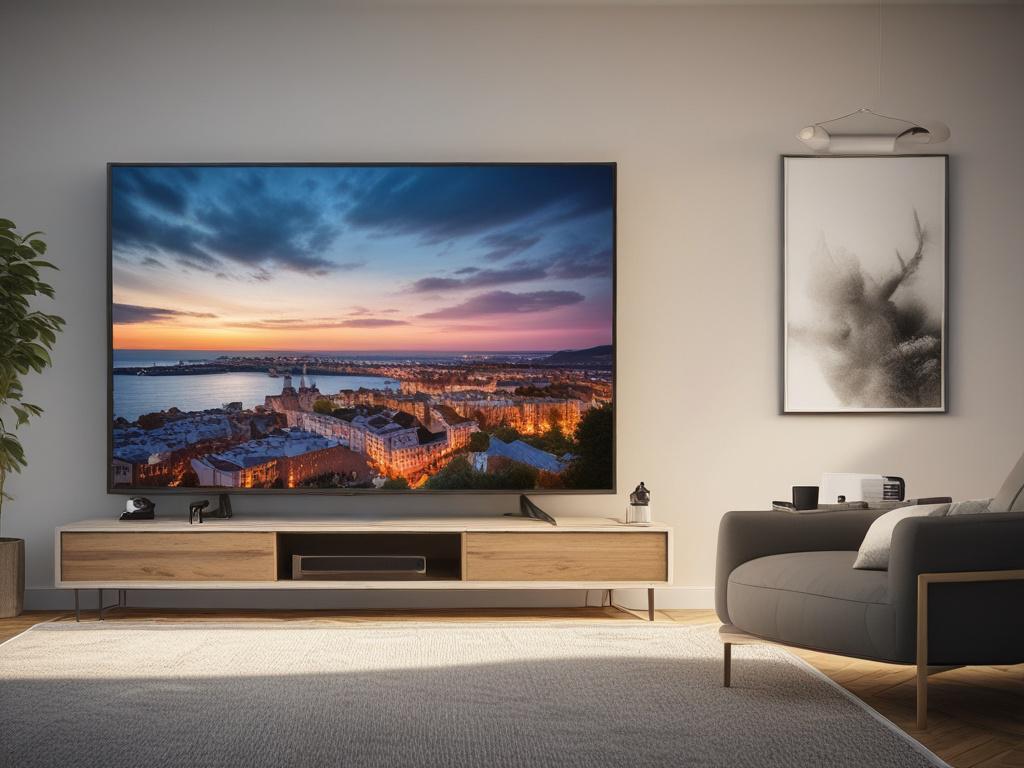 A close-up shot of a 43 Inch 4K TV display, model 43UJ634V, 43UK6320, or 43UN7550, showing vibrant colors and crisp details, set against a simple background. The image should be hyper-realistic, shot with a 45mm f/1.2 lens to emphasize the TV's stunning screen quality, with a focus on the RGB(50, 170, 39) primary color.