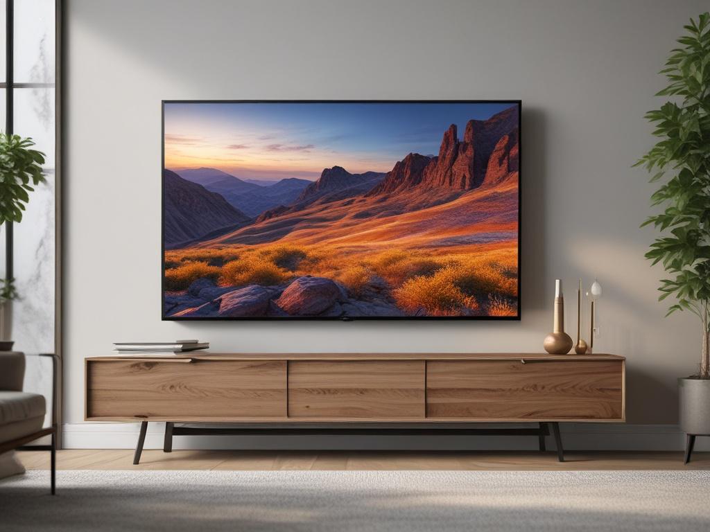 A realistic high-resolution image of a 50 Inch UHD Display Panel UA50TU 800, positioned on a modern stand in a well-lit living room setting. The focus is on the display, highlighting its ultra-high definition screen, with a soft blurred background to create depth. The colors should be vibrant, showcasing the panel's capabilities, and the image should be shot with a 45mm f/1.2 lens style, emphasizing clarity and detail.
