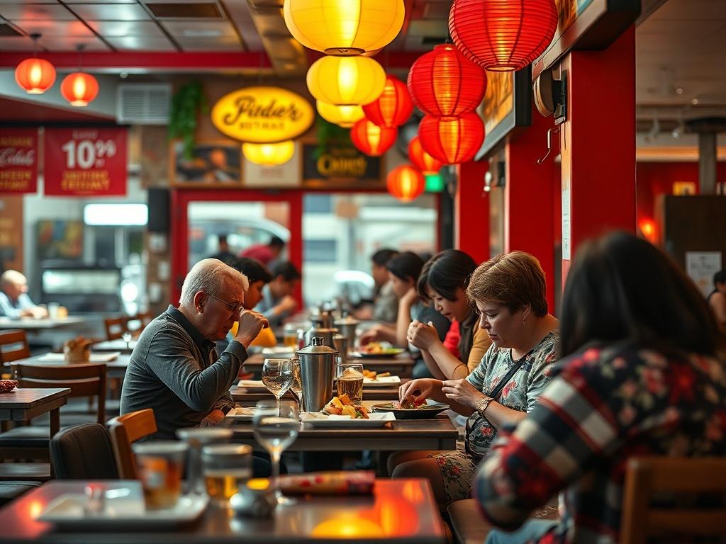 A close-up shot of a busy local restaurant with patrons enjoying meals, captured in a hyper-realistic style, showcasing vibrant colors and inviting atmosphere.
