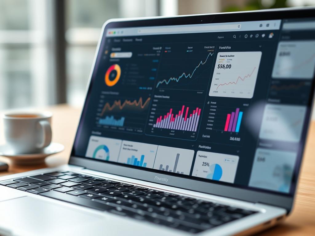 A close-up shot of a laptop displaying a successful e-commerce website's dashboard, with graphs and analytics, in a hyper-realistic style.