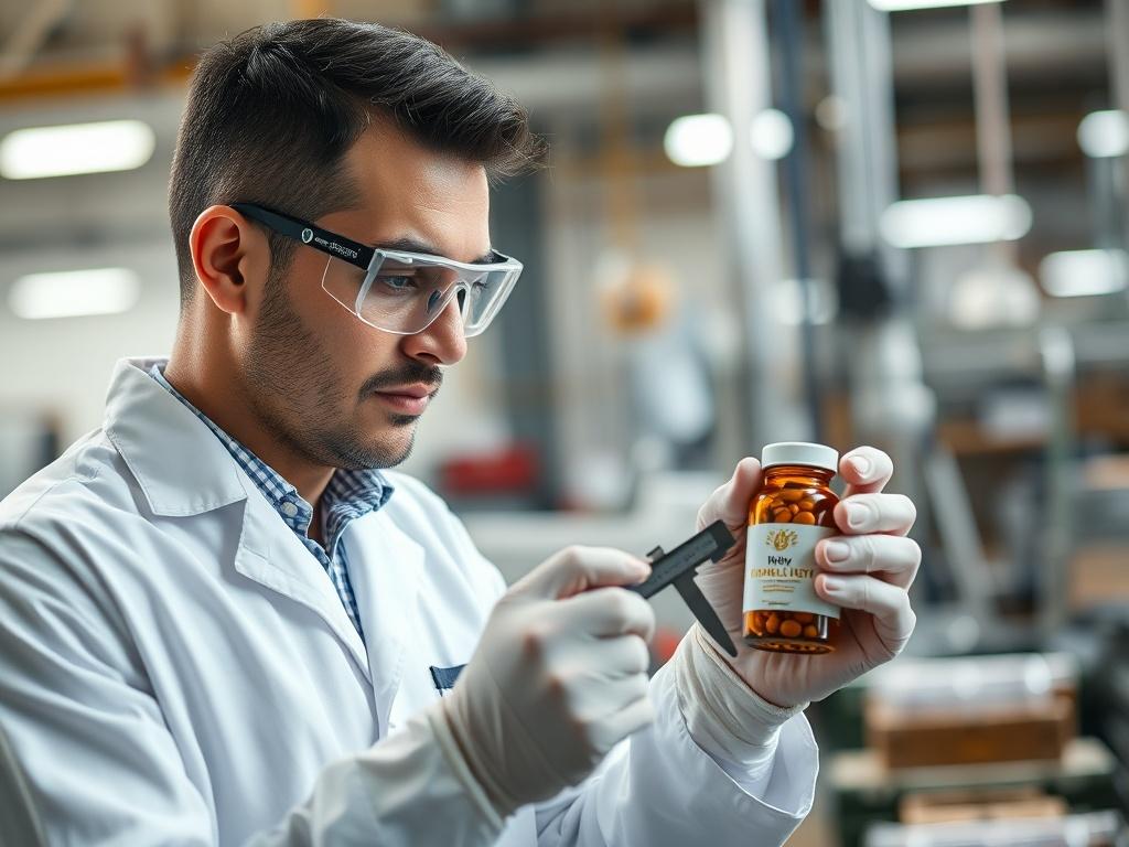 Create a realistic high-resolution photo that embodies the theme of "Understanding Manufacturing Quality." The composition should feature a single, focused subject: a skilled technician in a modern manufacturing facility, inspecting a high-quality product, such as a well-crafted supplement bottle or premium packaging. The technician should be wearing a clean white lab coat and safety goggles, demonstrating attention to detail as they examine the product with a measuring instrument, like a caliper, showcasin