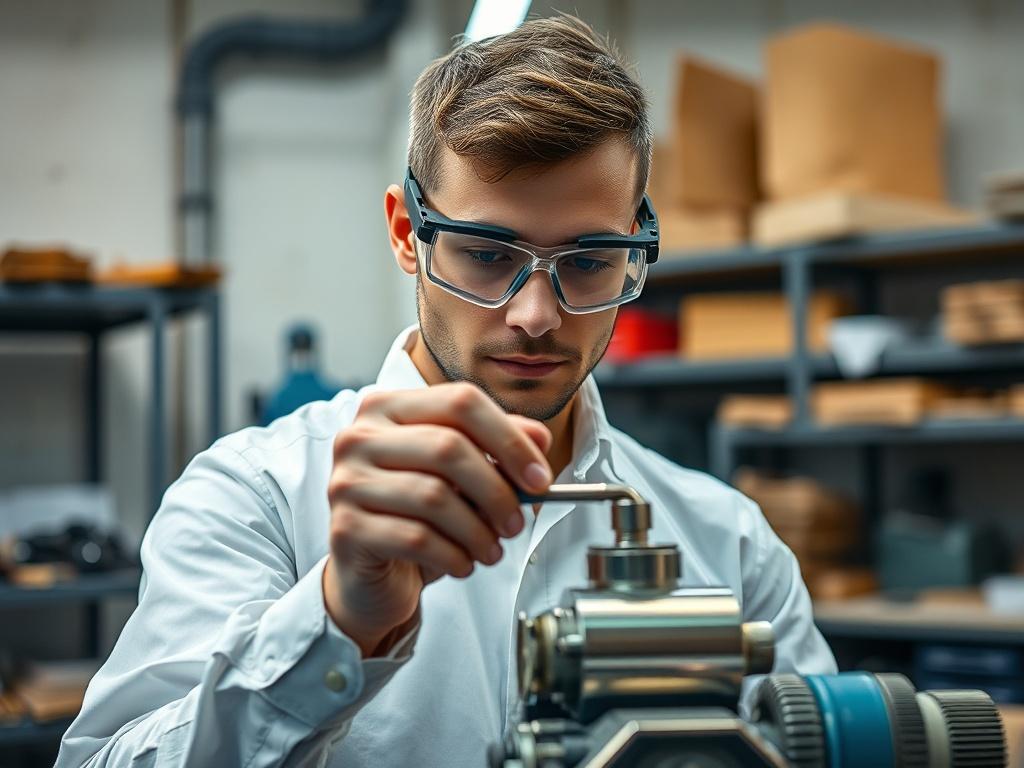 Create a realistic high-resolution photo representing a solitary, highly-skilled artisan carefully inspecting a high-quality manufactured product. The artisan is positioned front and center, wearing a crisp white shirt and safety goggles, showcasing focus and dedication. Their hands should be seen holding the product—a polished piece of precision-engineered equipment—highlighting the craftsmanship involved in manufacturing. 

The background should be a clean, well-lit workshop environment, with soft lightin