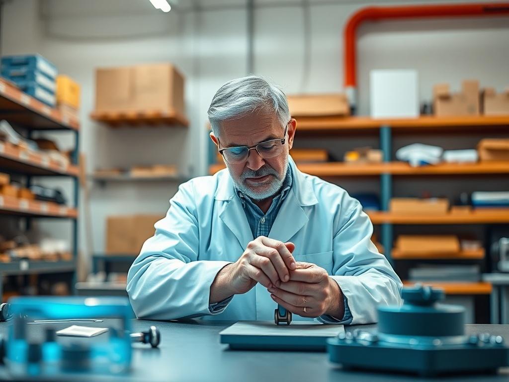 **Prompt for AI Image Generator:**

Create a realistic high-resolution photo that captures the essence of quality manufacturing. The composition should be simple and clear, focusing on a single subject: a skilled manufacturer inspecting a newly crafted product on a workbench. The manufacturer, a middle-aged person wearing safety glasses and a lab coat, should display a look of concentration and pride as they examine the product, ensuring its quality. 

The background should depict a clean, well-organized ma