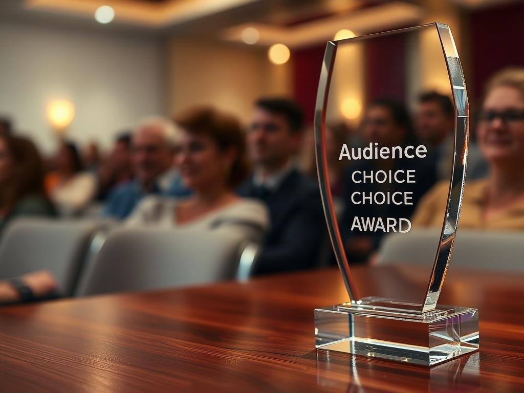 A close-up shot of an elegant crystal award inscribed with 'Audience Choice Award', placed on a polished wooden table. The background should feature soft lighting and a blurred audience silhouette, conveying the warmth of a film screening. The focus should be on the award, showcasing its clarity and design, symbolizing audience appreciation.
