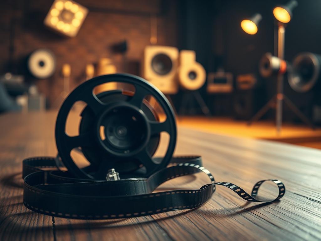 A close-up shot of a film reel on a wooden table, with a soft focus background of a dimly lit film studio. The reel should have a few film strips unwound and scattered around it, creating an atmosphere of creativity and nostalgia. The lighting should be warm and inviting, highlighting the texture of the film reel and the wood. The composition should be simple yet striking, drawing the viewer’s attention to the film reel as the main subject.