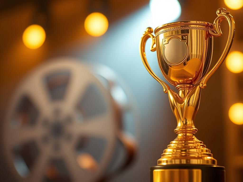 A close-up shot of a golden trophy representing the Best Indie Film award, with a blurred background of a film reel and a spotlight. The trophy should have intricate details, reflecting the craftsmanship of awards. The lighting should be warm, highlighting the trophy's shine, and the composition should focus solely on the trophy, creating a sense of achievement and recognition.