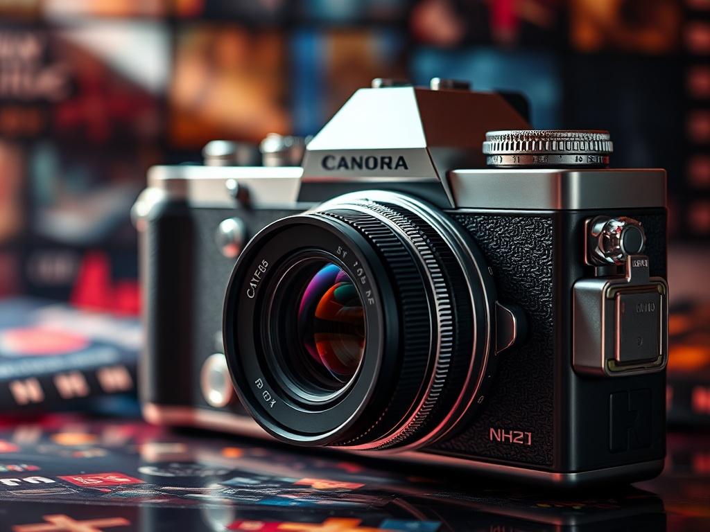 A close-up shot of a film camera, elegantly designed with intricate details, set against a backdrop of vibrant film stills. The camera should gleam under soft lighting, emphasizing its significance in creating cinematic art. The composition should focus solely on the camera, symbolizing the artistry and craftsmanship behind exceptional cinematography.