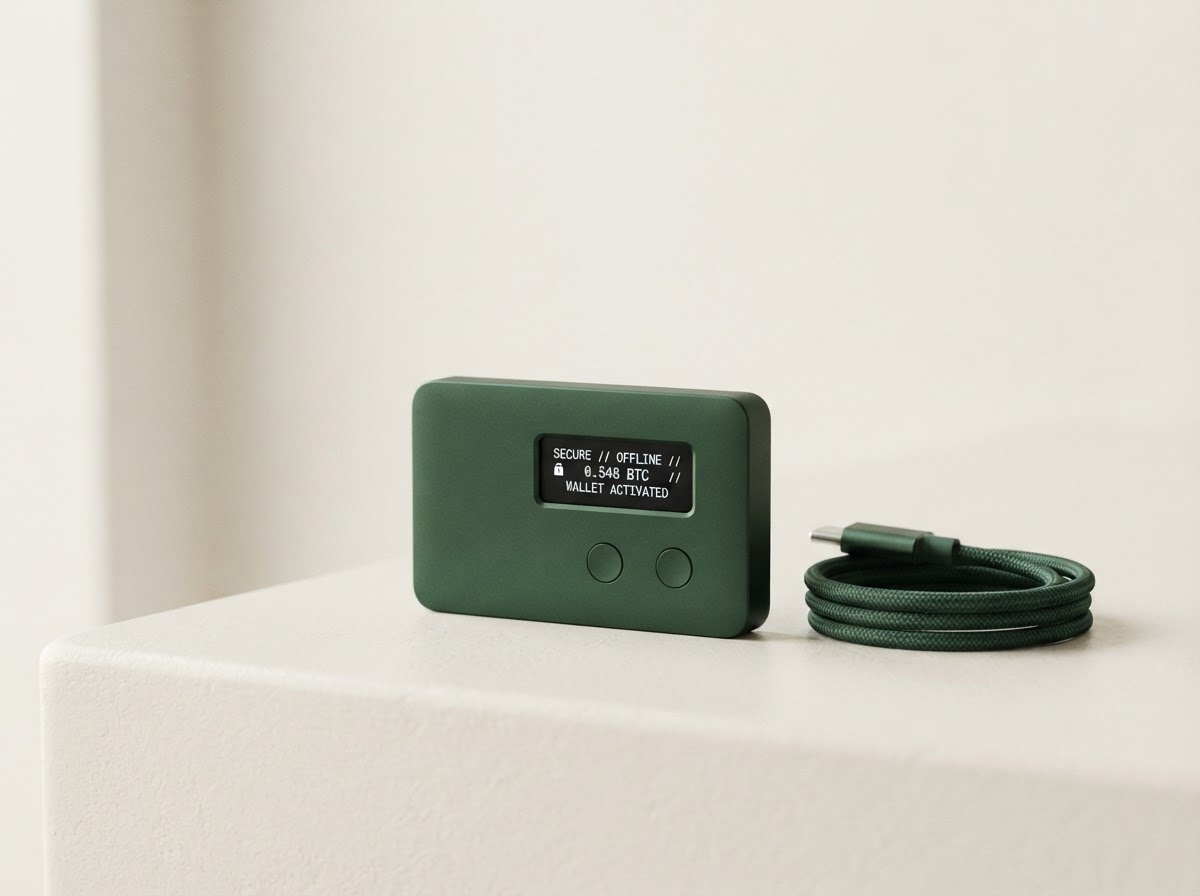 A compact green hardware wallet and USB cable on a light studio surface