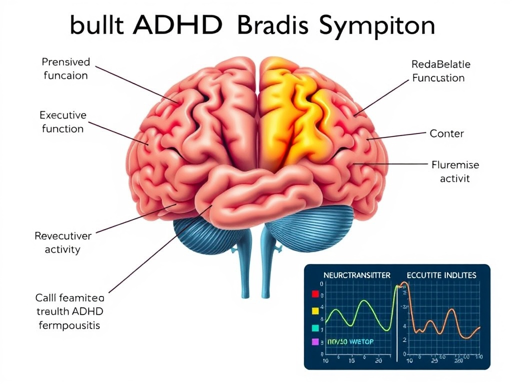 ADHD brain illustration showing prefrontal cortex and executive function