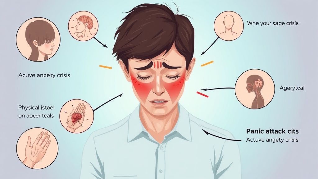 Illustration of panic attack symptoms including rapid heartbeat, shortness of breath, dizziness, chest pain, and physical anxiety response indicators