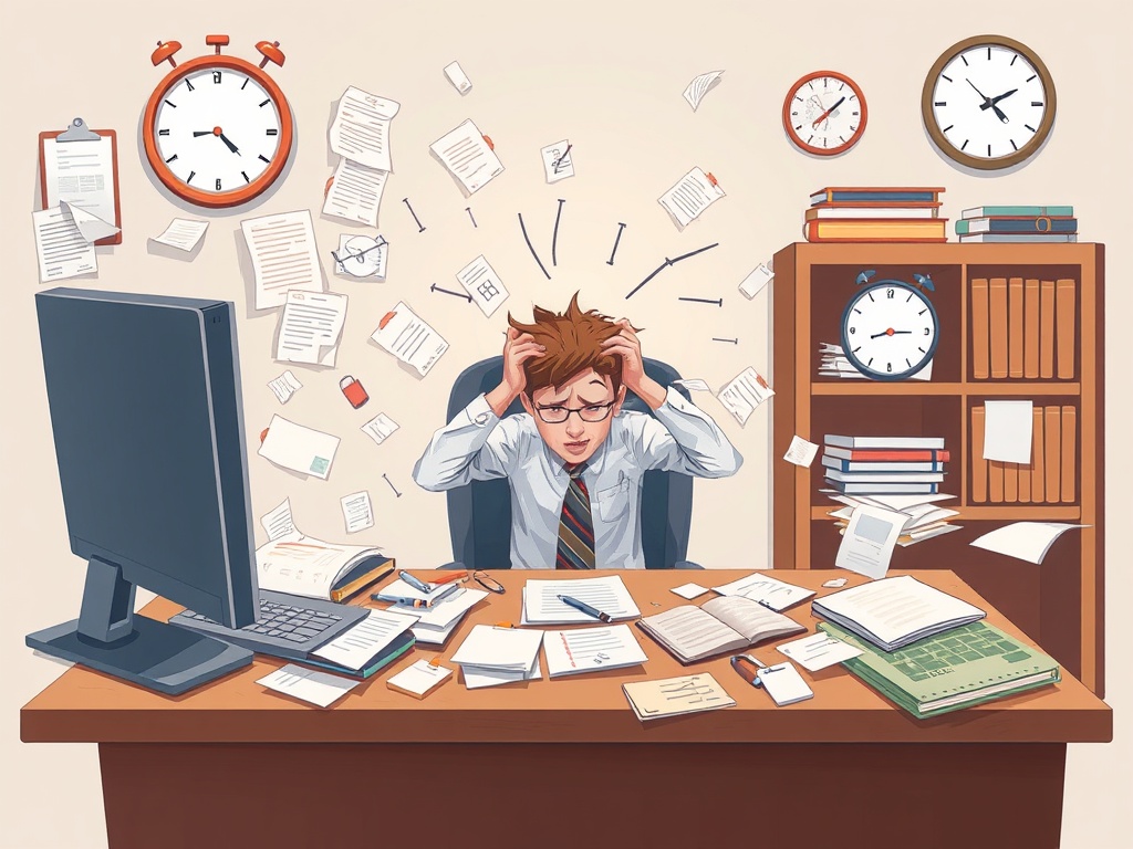 ADHD inattention symptoms: person at desk with scattered papers, distractions, incomplete tasks, difficulty focusing illustrated with visual elements showing attention challenges