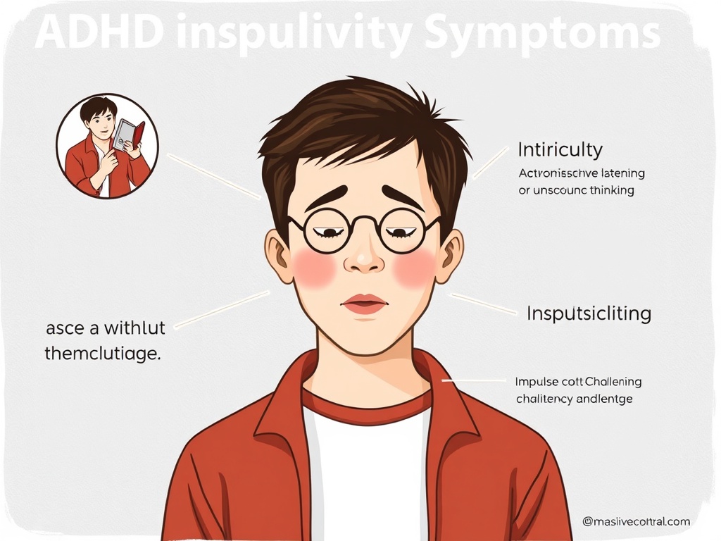 ADHD impulsivity symptoms showing person interrupting, acting without thinking, difficulty waiting, and impulsive decision-making