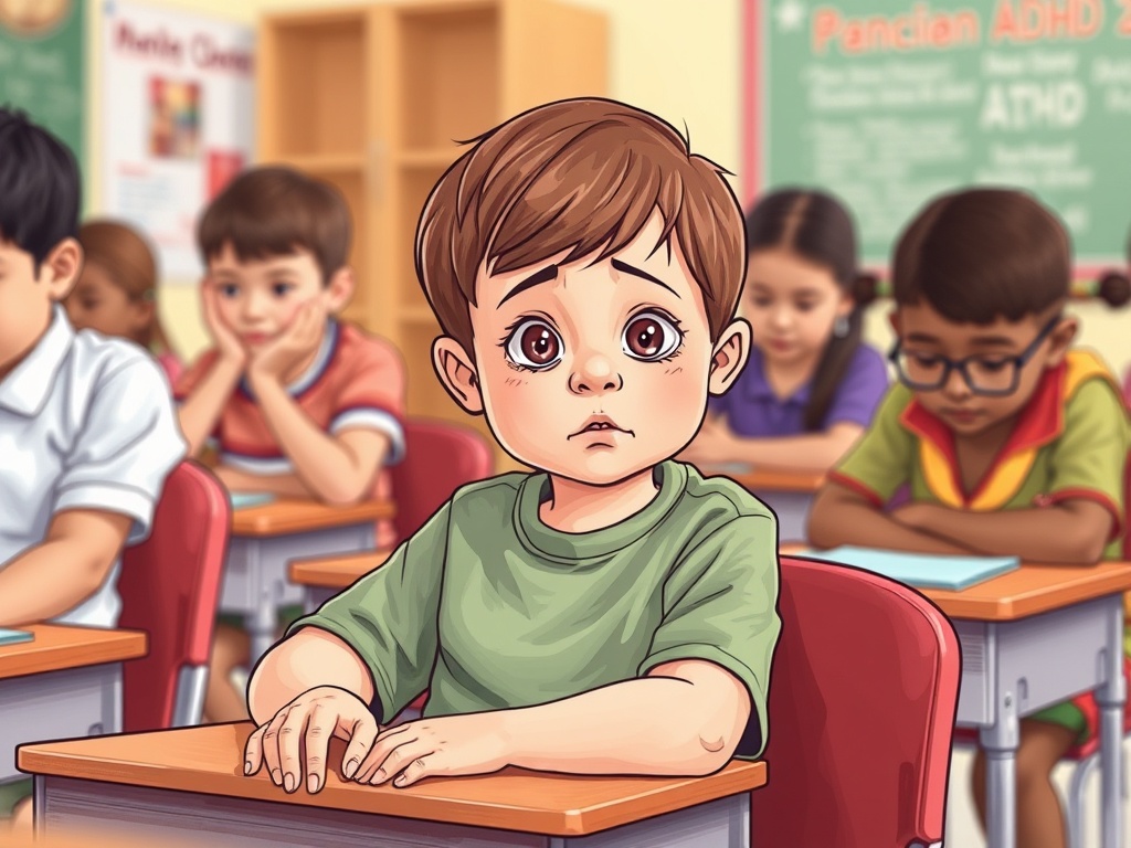 Child with ADHD in classroom showing difficulty remaining seated, struggling to follow instructions, distracted attention, and behavioral challenges