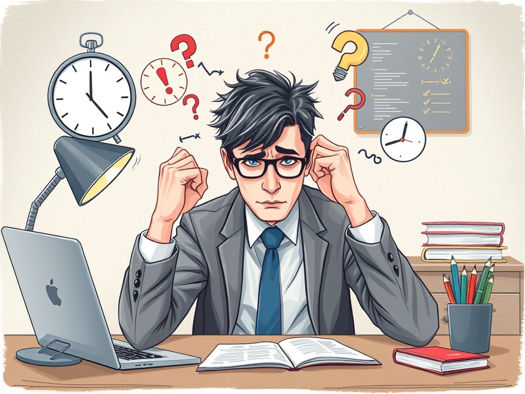 Adult with ADHD showing procrastination, disorganization, time management problems, and executive dysfunction in professional context