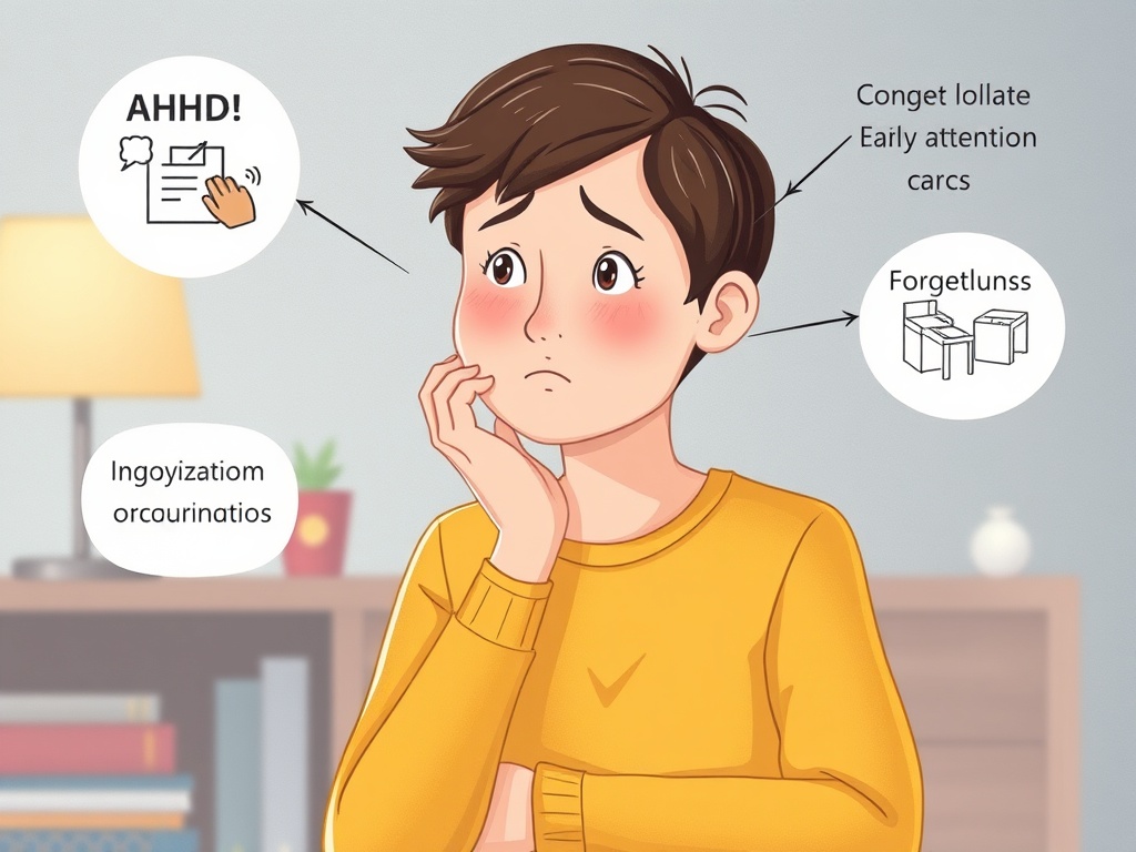 ADHD inattention symptoms showing person struggling with organization, losing items, difficulty sustaining attention, and forgetfulness