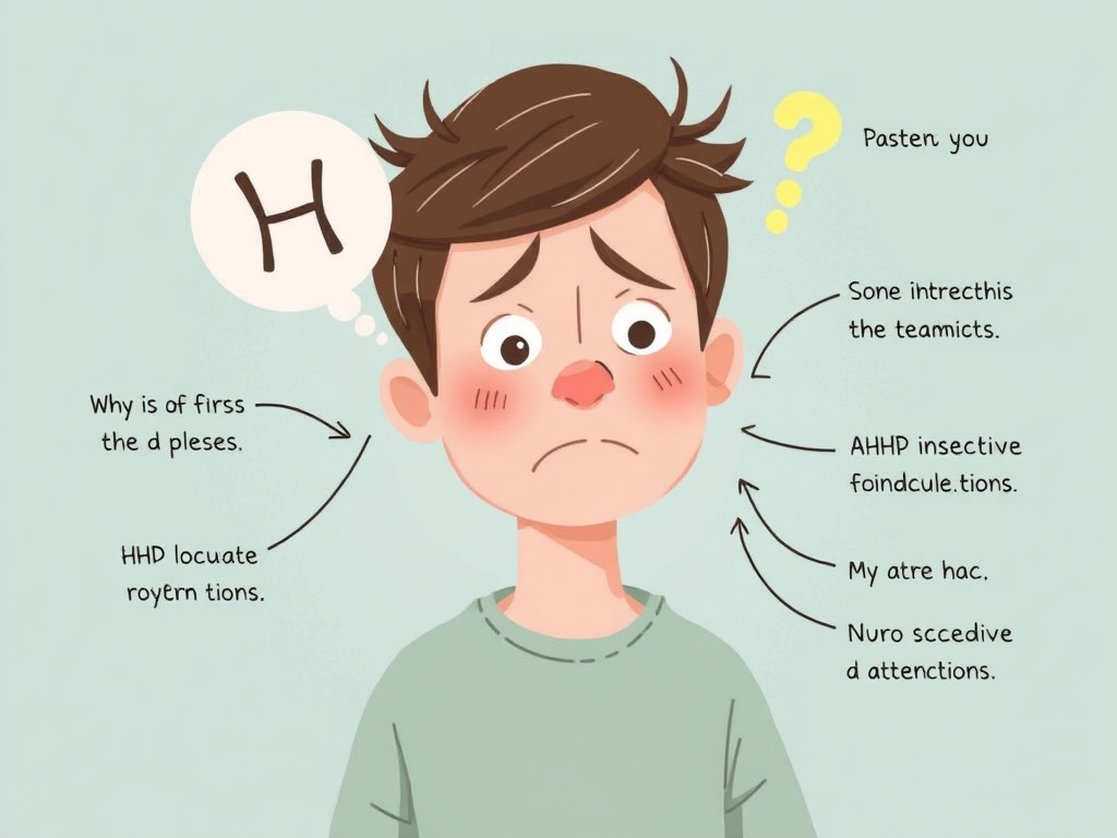 ADHD symptoms overview showing difficulty with focus, scattered thoughts, executive function challenges, and neurodevelopmental differences across different contexts