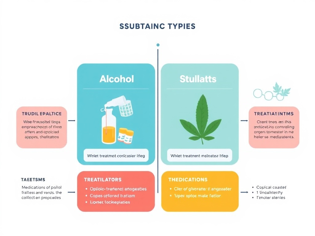 Comparison of substance types and treatment approaches for alcohol, opioids, stimulants, and cannabis with specific medications and interventions