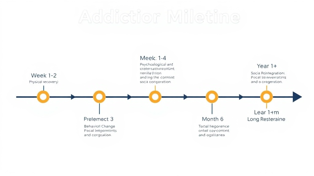 Recovery timeline showing milestones: Week 1-2 Physical Recovery, Month 1 Psychological Stabilization, Month 3 Behavioral Changes, Month 6 Social Reintegration, Year 1+ Long-term Maintenance