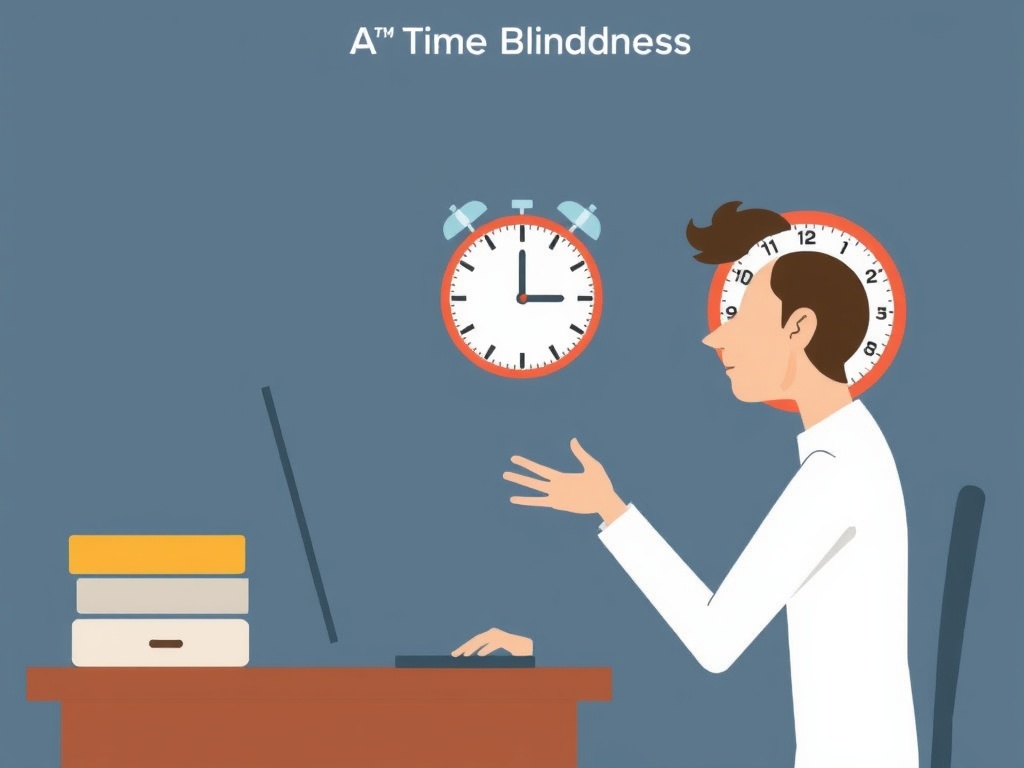 ADHD time blindness concept showing difficulty perceiving passage of time, person at desk with distorted clock perception, visualization of underestimating task duration