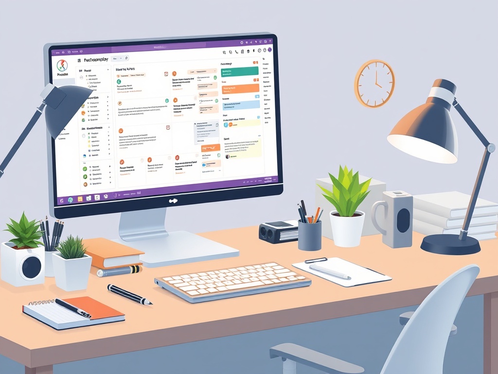 Professional workspace setup for ADHD productivity showing organized desk with digital task management tools, calendar system, and minimal clutter to support focus and organization
