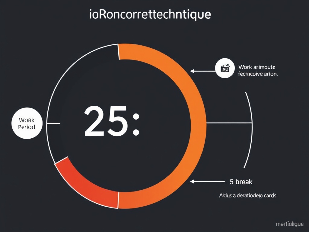 Pomodoro technique timer visualization showing 25-minute work periods and 5-minute breaks, productivity workflow structure with focus intervals