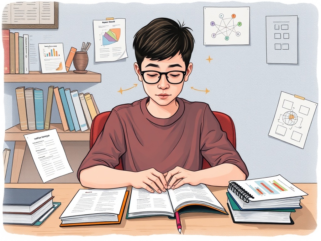 Student with ADHD using multisensory study techniques in quiet study environment with flashcards, visual diagrams, color-coded notebooks, and active learning strategies