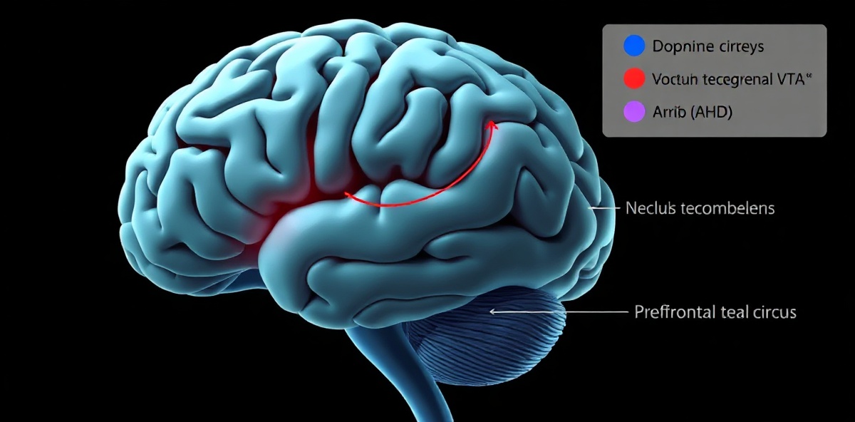 Brain reward circuit diagram showing dopamine pathways and addiction ADHD