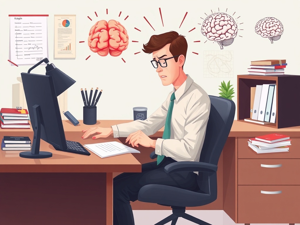 High-functioning ADHD professional: shows internal struggle despite external success - organized desk, procrastination indicators, stress, working late, executive dysfunction illustrated with brain imagery