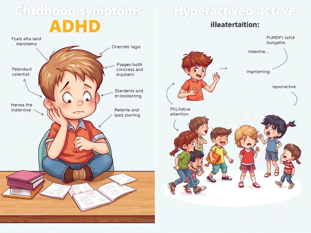 Childhood ADHD symptoms: comparison showing inattention and hyperactivity in diverse children, classroom setting with attention struggles and excessive talking behavior