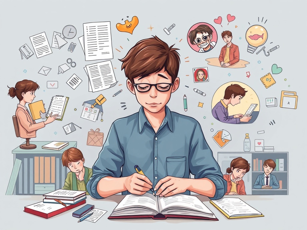Adolescent ADHD challenges: teenage student experiencing academic stress, overwhelmed with schoolwork, difficulty organizing tasks, and emotional struggles with peer relationships