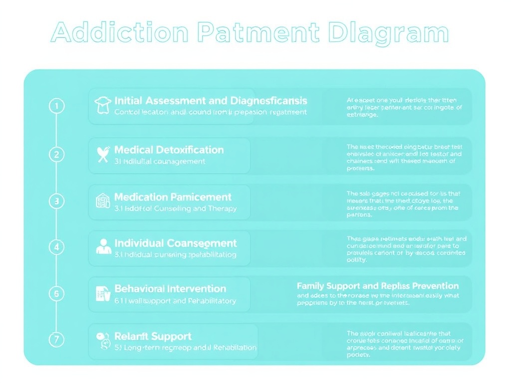Comprehensive addiction treatment pathway showing seven stages: initial assessment and diagnosis, medical detoxification, medication management, individual counseling and therapy, behavioral interventions, family support and rehabilitation, and long-term recovery and relapse prevention