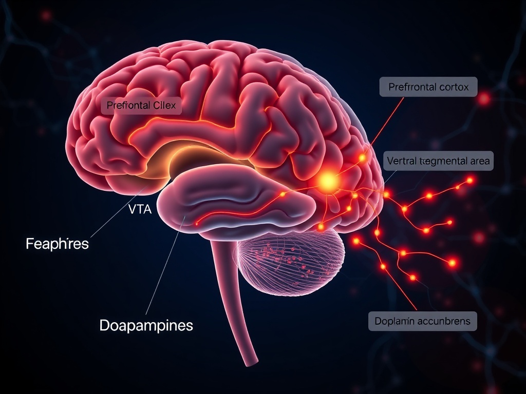 Medical brain diagram showing ADHD and addiction interaction with labeled dopamine reward system: prefrontal cortex, ventral tegmental area, nucleus accumbens, and dopaminergic pathways