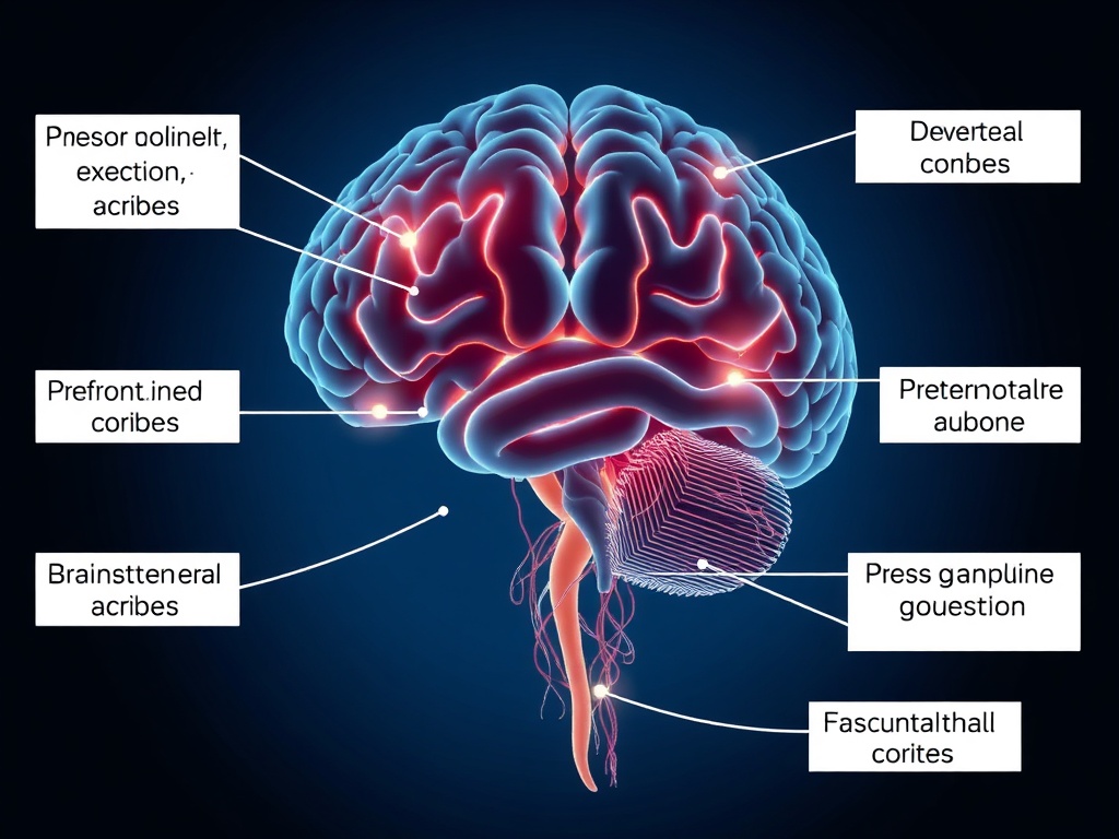 Medical diagram of brain showing executive dysfunction in ADHD with labeled prefrontal cortex, basal ganglia, and dopamine signaling pathways involved in task initiation