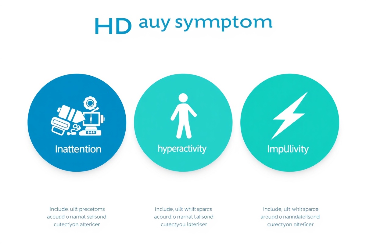 Infographic showing ADHD symptoms breakdown including inattention, hyperactivity, and impulsivity with visual icons for each symptom category