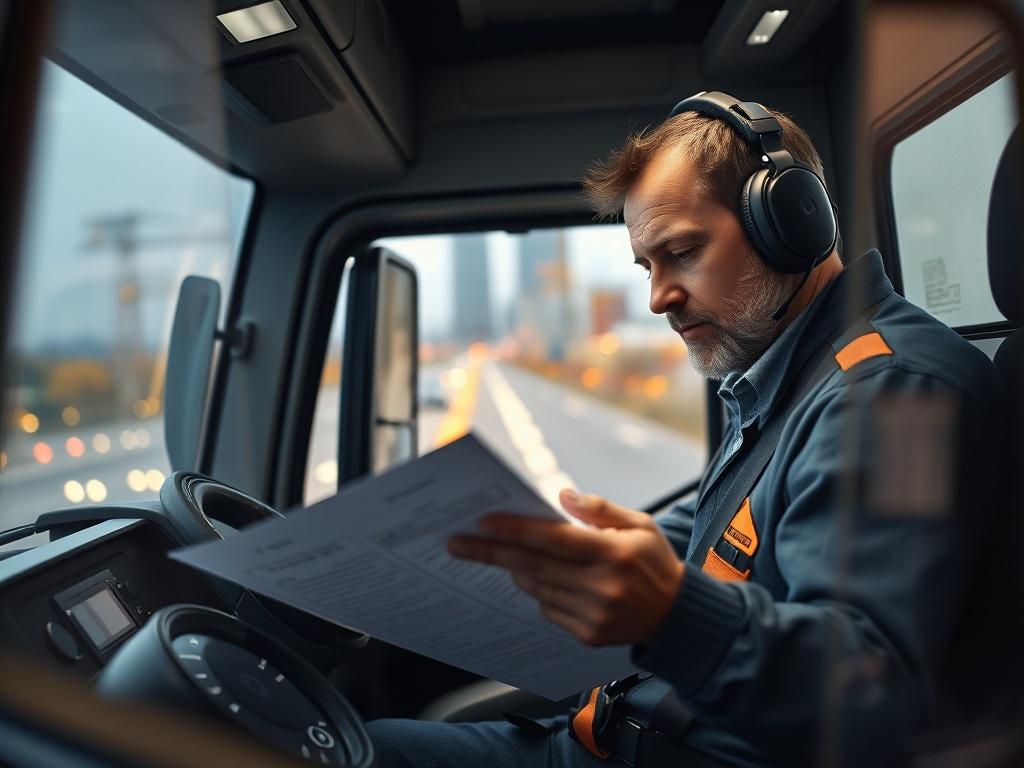 Truck driver coordinating freight logistics from a modern truck cabin